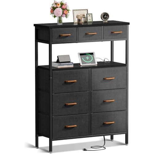 AODK Dresser with Charging Station, 52 Inches Tall Dresser for Bedroom with 9 Storage Drawers, Large Fabric Dressers for Hallway, Dark Grey