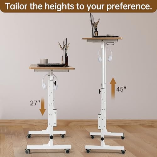 SIDUCAL Portable Standing Desk Adjustable Height, Mobile Stand Up Desk with Wheels, Small Computer Desk for Walking Pad, Rolling Desk for Standing or Sitting, Vintage Oak 5
