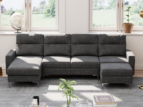 Furniwell Convertible Sectional Sofa Couch, 4 Seat Sofa Set for Living Room U-Shaped Modern Fabric Modular Sofa Sleeper with Double Chaise & Memory Foam (Fabric, Dark Grey)
