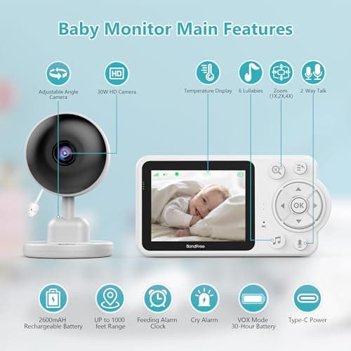 BondFree Baby Monitor with 2600mAH Battery, 30W HD Camera, 2.8”Display, Baby Monitor with Camera and Audio, 1000ft Long Range, Auto Night Vision, 6 Lullabies, Temperature Sensor, Indoor 2