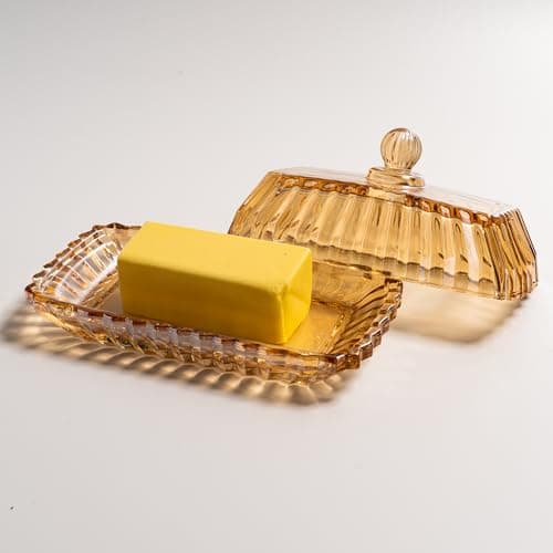 Champagne Color Glass Butter Dish with Lid, Covered Butter Stick Holder Tray, Crystal Glass Butter Storage Container for Kitchen Countertop 7