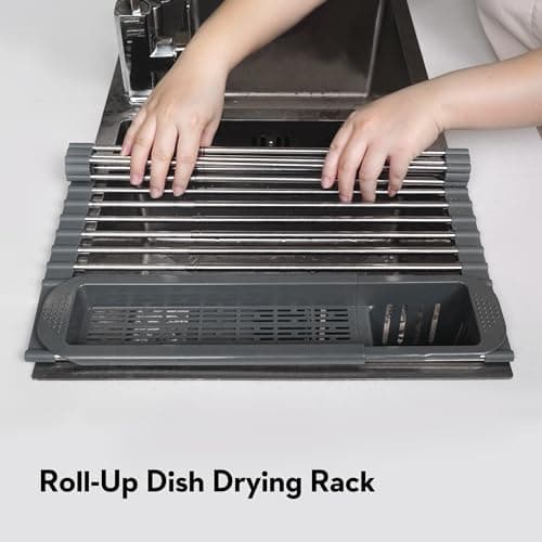 Dolreiik Roll Up Dish Drying Rack Over The Sink, 304 Stainless Stee Dish Drainer, Foldable & Adjustable Sink Drying Rack for Kitchen Sink Counter with Utensil Holder (Gray, Expandable) 5