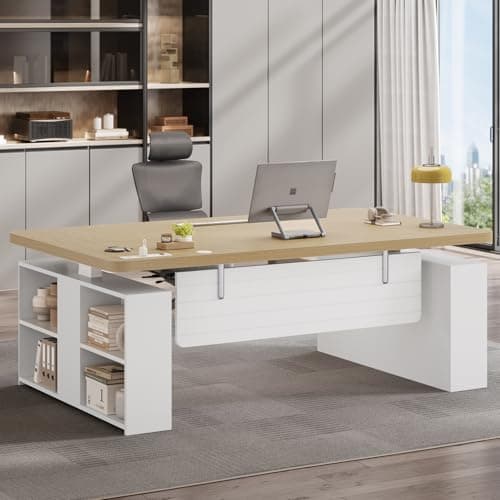 SEDETA 63" Executive Standing Desk with Storage, Executive Height Adjustable Desk with Power Outlets, Large Computer Office Desk with Privacy Panel for Home Office, Natural Oak