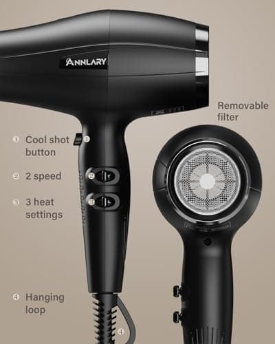 ANNLARY Ionic Hair Dryer with Diffuser, Blow Dryer, Professional 1875W Powerful AC Motor Hairdryer with 8.2Ft Cord for Women & Men, Fast-Drying Blow Dryer with Nozzle for Home, Salon 7