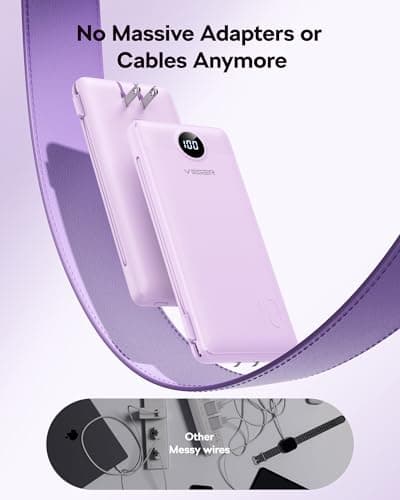 VEGER AC Wall Plug Portable Charger, 10000mah Slim Portable Charger Built in Cables, USB C Power Bank 15W Fast Charging, Travel Essential Battery Pack Compatible with iPhone, Android and More(Purple) 8