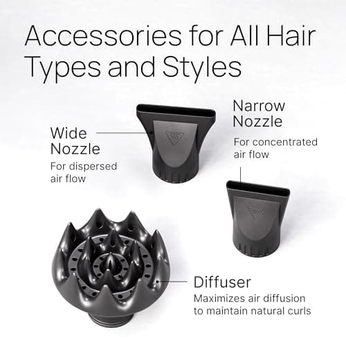 TREZORO Professional Hair Dryer with Diffuser, Ionic Ceramic Tourmaline Technology, 2000W Fast Quiet Drying, With Narrow & Wide Concentrator Nozzles, 3 Heat & 2 Speed Settings, Cool Shot Button, Black 5