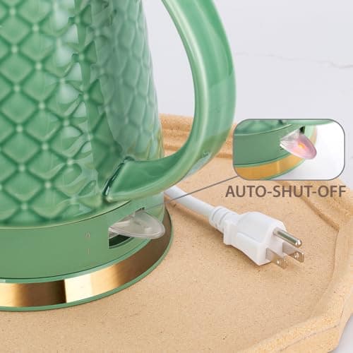 LONGSEED Ceramic Electric Kettle, 1.5L/1200W Boil Water Quickly and Easily with Boil-Dry Protection Auto Shut Off, Detachable Swivel Base, Green Relief Carving 5