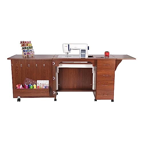 Arrow Classic Sewing Furniture Harriet Full-Size Sewing Cabinet with Hydraulic Machine Lift, Drawers, Expandable Leaves, Locking Wheels - Teak