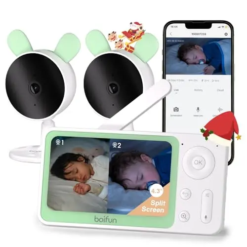 BOIFUN Split Screen Video Baby Monitor WiFi, 2 Cameras, Smartphone APP Control & LCD Monitor, 4.3'' 4X Zoom, AI Motion & Sound Detection, 1080P Smart (Monitor para Bebe), Area Alarm, Video Recording