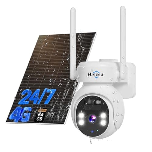 Hiseeu 4G LTE Cellular Security Camera Solar Powered, No WiFi Security Camera Wireless Outdoor, 24/7, PIR Motion, 2 Way Talk, 360° PTZ, 2K Color Night Vision, 64G SD & SIM Card Included