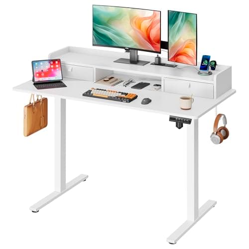 DEVAISE 48×24 Inch Electric Standing Desk with Drawers, Computer Desk with 3 Adjustable Height, Storage Shelf, Built-in AC & USB Outlets and Memory Preset, Sit to Stand Desk for Home Office, White