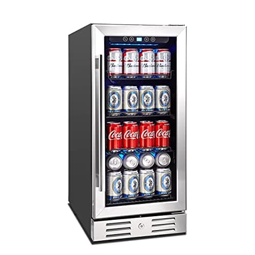 15 Inch Beverage Cooler and Kalamera Refrigerator Under Counter Built-in or Freestanding - 96 Cans Capacity Mini Fridge- for Soda, Water, Beer or Wine - For Kitchen or Bar with Blue Interior Light