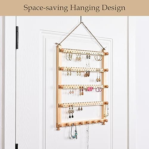 Lolalet Hanging Jewelry Organizer, 5-Tier Wooden Earring Wall Holder Jewelry Display Rack for Earrings Dangles Necklaces Bracelets -Natural 5