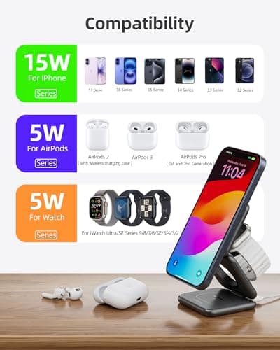 Foldable 3 in 1 Charging Station, Qi2-Certified 15W Magnetic Wireless Charger Stand, KU XIU X40Q Aluminum Alloy Travel Charger for iPhone 17/16/15/14, 5W for Apple Watch, AirPods, 45W PD Adapter, Gray 6