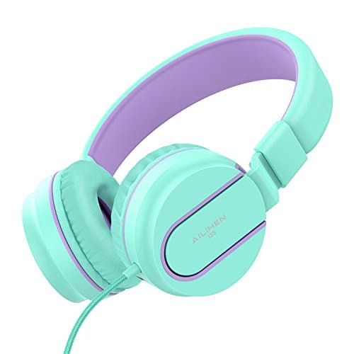 Kids Headphones, AILIHEN I35 On-Ear Headphones for School, 93dB HD Mic Stereo Headphone for Kid Girls Children, Foldable Wired 3.5mm for Chromebook, Laptop, Computer, Tablet (Green Purple) 7
