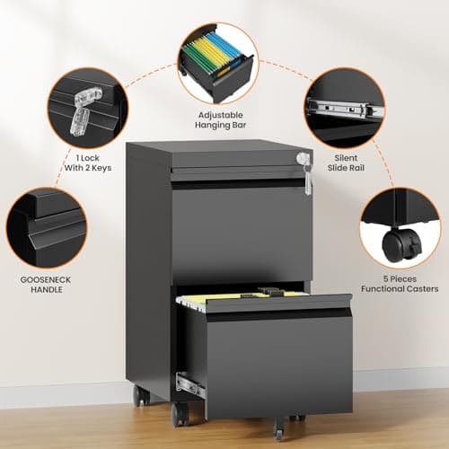 AFAIF 2 Drawer File Cabinet with Lock, Rolling File Cabinets for Home Office, Small Metal Filing Cabinet Office Drawers Under Desk for Letters/Legal/A4 Size, Assembly Required 6