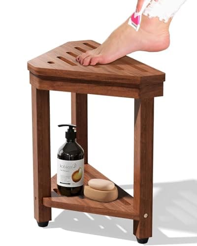 Shower Foot Rest 15 in, Acacia Shower Stool for Shaving Legs,Corner Bath Shower Bench with Starage Shelf for Inside Small Shower Spaces