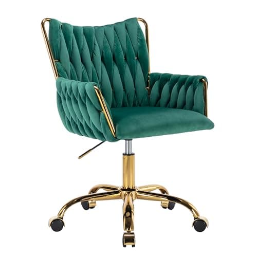 KCC Modern Velvet Home Office Desk Chair with Hand Woven Backrest, Upholstered Adjustable Makeup Vanity Chair with Armrest and Golden Metal Base with Wheels for Living Room Bedroom Study(Green)