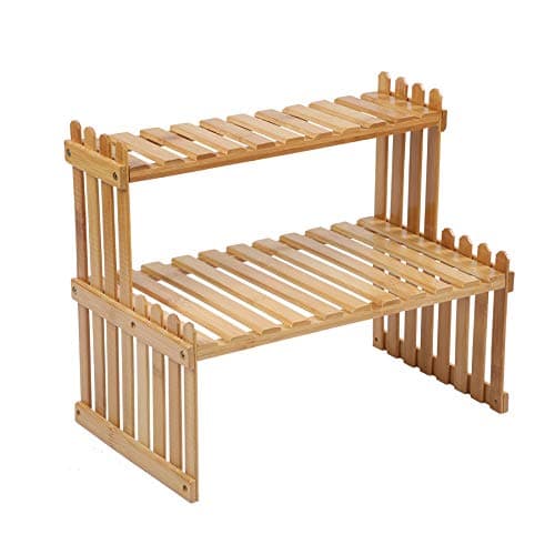 GURECOD 14.6"/18.5" 2 Tiers Bamboo Plant Stand Shelf,Desk Flower Pot Holder,Adjustable Desktop Shelf Display Organizer Ladder Rack for Office Decorate Storage Rack,Kitchen Rack (14.6" Length)