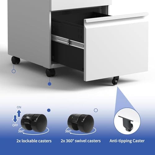 Allouncer 3 Drawer Filing Cabinet with Lock, File Cabinets for Home Office, Locking File Cabinet, Under Desk Mobile File Cabinet for A4-Size/Letter-Size/Legal-Size, Fully Assembled(White) 6