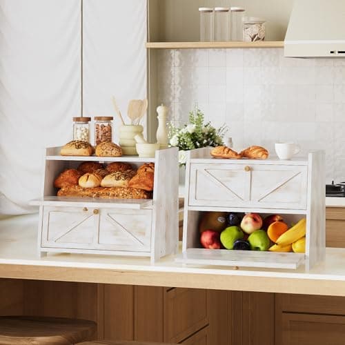 Trironsun Vintage Double Layer Bread Box for Kitchen Counter Bamboo Bread Storage Container Large Capacity Bread Storage Bin (Antique White) 6