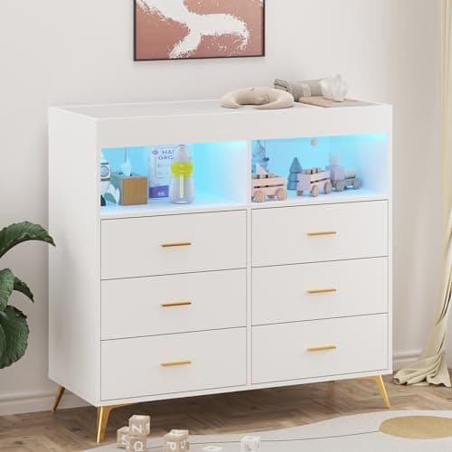 Babevy Baby Changing Table Dresser with LED Lights, Diaper Changing Station Dresser with Changing Table Top, Power Outlet, 6 Storage Drawers, Nursery Organizer for Infants & Newborn, White