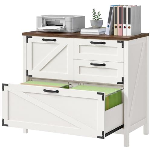 Wood Lateral File Cabinet with 4-Drawer for Hanging Files Letter/A4/Legal Size, Large Farmhouse Filing Cabinets for Home Office, Printer Stand with Office Cabinet, Office Furniture, White and Brown 7