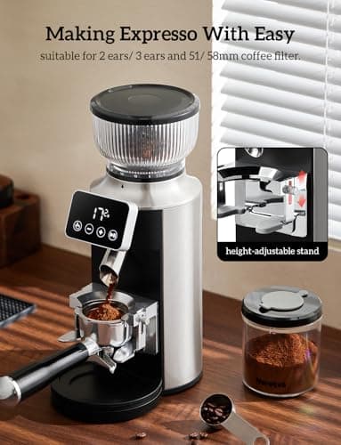 Neretva Espresso Grinder, 2 in 1 Professional Coffee Bean Grinder Stainless Steel Suit 51~58mm Portafilter Burr Coffee Grinder 30 Precise Setting&Anti-Static for Espresso/French Press/Drip/Moka-Silver 5