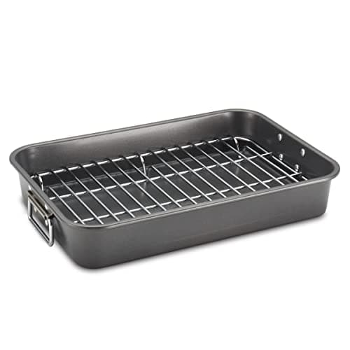 Farberware Bakeware Nonstick Steel Roaster with Flat Rack, 11-Inch x 15-Inch, Gray 14