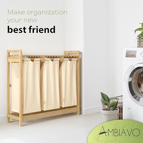 AMBIAVO Laundry Hamper 3 Section beige - Large Bamboo Laundry Sorter with Removable Cotton Bags -Three Compartment Organizer for Clothes - Durable, Eco-Friendly, and Stylish Storage Solution for Home 7