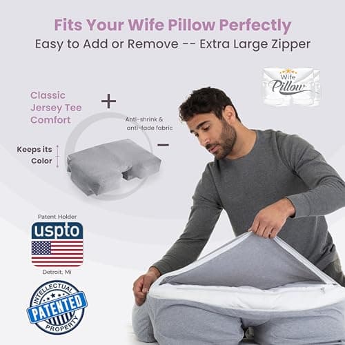 Wife Pillow Cover Only Jersey Knit Pillowcase, Soft 100% Cotton T-Shirt Feel - Contour Exclusively for Arm & Body Position Side, Stomach & Back Sleeper Bed Pillow, Machine Washable & Dryable, Grey 6
