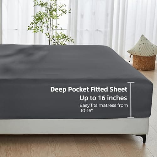 GOKOTTA Fitted Sheet Only - 15 Inch Pocket Bamboo Rayon Fitted Sheet, Super Soft and Cooling Bottom Sheet with 4 Elastic Corner Straps(Dark Grey, Twin Size) 6