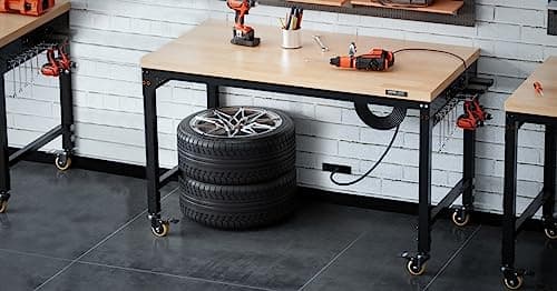 VEVOR Adjustable Workbench, 48" L X 24" W Garage Worktable with Universal Wheels, 28-39.5" Heights & 2000 LBS Load Capacity, with Power Outlets & Hardwood Top & Storage & Foot Pads, for Office Home 8