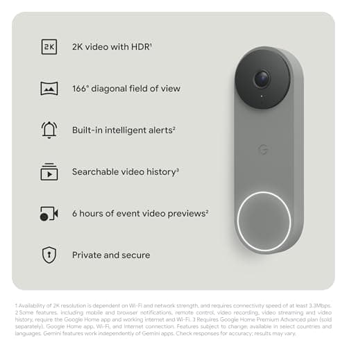 Google Nest Doorbell (Wired, 3rd Gen) - 2K Video and Gemini, Live View, Night Vision, 2-Way Audio - Works with Google Home - 2025 Model - Hazel 13