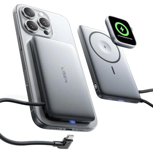 LISEN [0.5" Ultra Slim] [Alloy-Made] for Magnetic Power Bank with Apple Watch Charging,10000mAh MagSafe Portable Charger, Wireless Battery Pack for iPhone 17 Air 16 15, Apple Watch Series 11 10 9