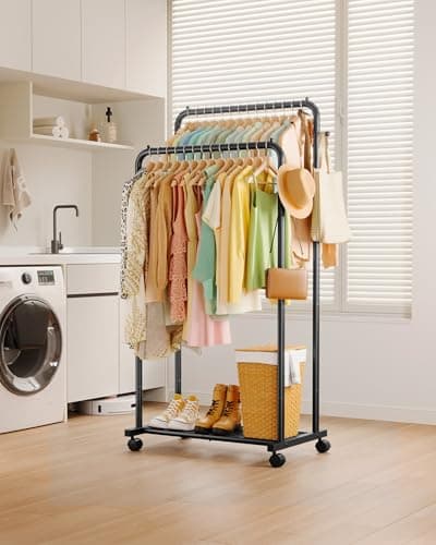 Sakugi Clothes Rack - Double Rods Clothing Rack with Mesh Shelf, Hooks & Wheels, Metal Clothing Racks for Hanging Clothes & Bags, Multifunctional Garment Rack for Laundry, Black, 28.7" x 16.5" x 59.1" 8