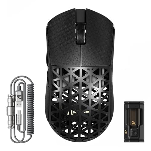 ATTACK SHARK R5 Ultra Wireless Gaming Mouse,Carbon Fiber Shell 39g Superlight,PAW3950MAX Nordic 52840 MCU 8K Polling 42K DPI Optical Sensor,BT/2.4G/USB-C Wired Mice with Coiled Cable-Black&Griptape