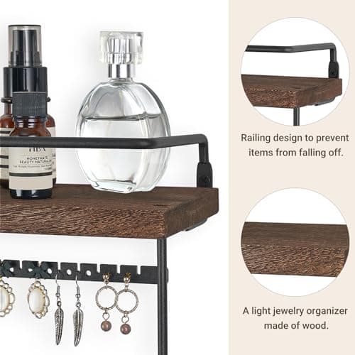 Mkono Hanging Jewelry Organizer Wall Mounted Jewelry Organizer Necklace Holder with Rustic Wood Shelf, Ring Display Box, Ear Studs Earring Holder Bracelet Organizer 5