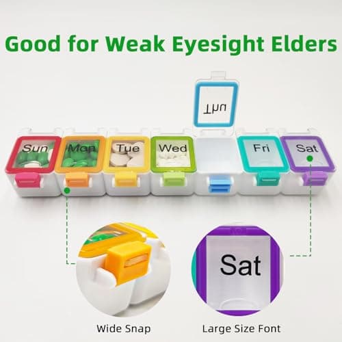 Weekly Pill Organizer, BPA-Free Portable Medication Box, Pill Box 7 Day with Large Compartments for Vitamins & Supplements, Travel Pill Case for Seniors & Adults, Leak-Proof (Multicolor) 6