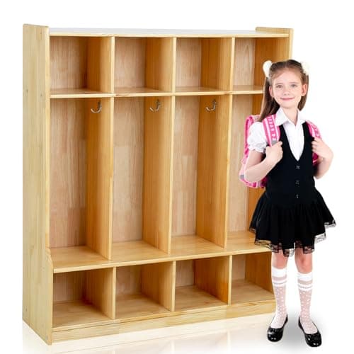 Colingmill 4 Section Coat Locker with Bench Daycare Cubbies for Classrooms Natural Pine Finish Wooden Backpack Cubby Storage Organizer with Hooks for Daycare Classroom and Home