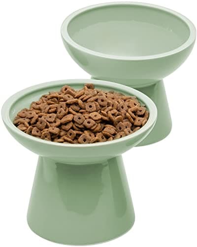 CEEFU 2 Elevated Ceramic Cat Bowls Extra Wide for Food & Water – Whisker Fatigue Shallow Food Dish, Lead & Cadmium-Free, Raised Height for Cats, Sage Green