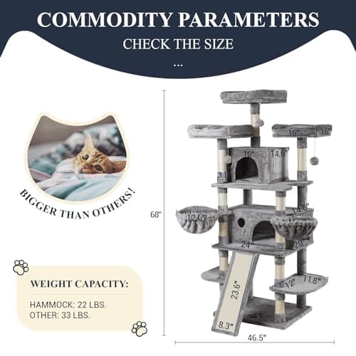 Allewie 68 Inches Cat Tree/House and Towers for Big Feline/Scratching Post/Multi-Level Large Kitty Climbing Tree with Condo/Light Grey 7