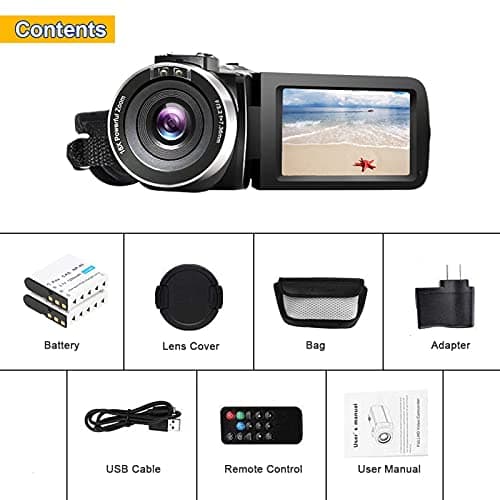 Video Camera Camcorder Full HD 1080P 30FPS 24.0 MP IR Night Vision Vlogging Camera Recorder 3.0 Inch IPS Screen 16X Zoom Camcorders Remote Control with 2 Batteries 7