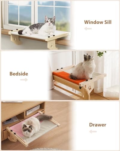 Wusdayer Cat Window Perch,Cat Window Hammock for Indoor Cats,Sturdy,Easy to Adjust Assemble,Cat Window Seat with Cushion Bed Cover,Large Cat Bed for Windowsill Bedside Drawer (White, L-22''x15'') 6