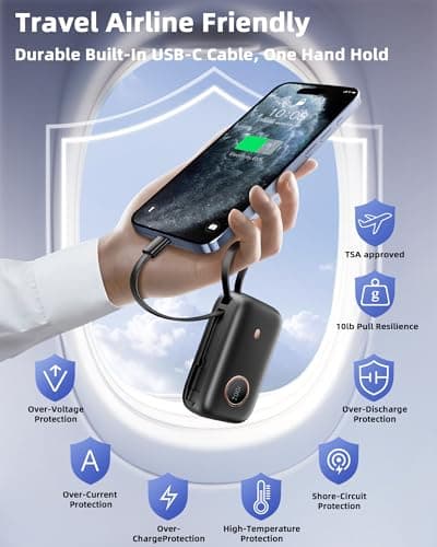 Power Bank Fast Charging, Small 22.5W 10000mAh USBC Portable Charger with Built-in USB-C Cable, Mini Battery Pack Essentials, 2 USB C and 1 A, for iPhone 17/16/15 Series, Samsung, Google,Android 7