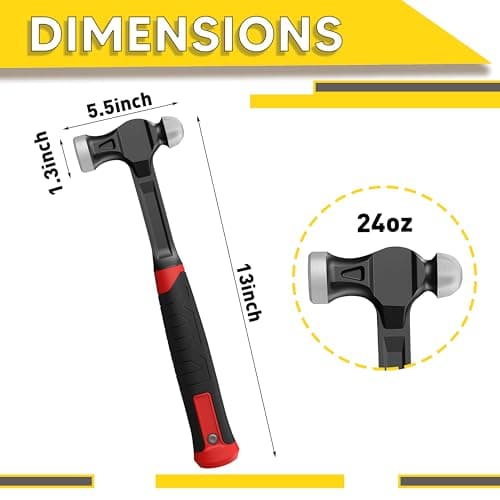YIYITOOLS 24oz Ball Peen Hammer, One-Piece Forged Carbon Steel, Ball Pein Hammer with Anti-Slip Grip, Shock-Absorbing Mechanic Hammer for Metalworking Tool, Welding Hammer for Sheet Metal Shaping 7