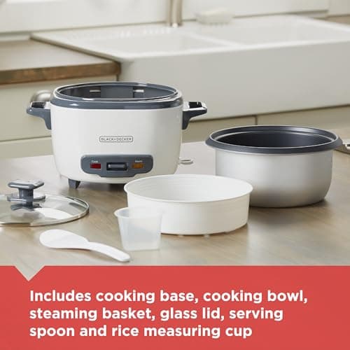 BLACK+DECKER 16-Cup Rice Cooker, RC516, 8-Cup Uncooked Rice, Steaming Basket, Removable Non-Stick Bowl, One Touch 5