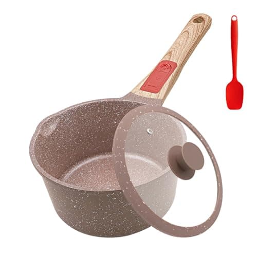 AIKENBBKK 1.5 Quarts Ceramic Nonstick Saucepan with Lid, Small Sauce Pot with Pour Spouts for Multipurpose Use, Milk Pan with Detachable Handle, Oven Safe (Brown)