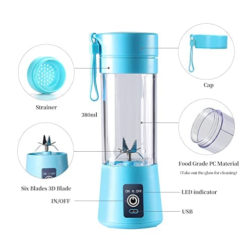 Portable Electric USB Juicer Blender Cup - Mini Blender for Shakes, Smoothies & Juice - 380ml, Six Blades - Blue 2