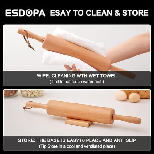 ESDOPA Classic Wood Rolling Pin - Wooden Rolling Pins for Baking Silicone Mat Set, Dough Roller with Wood Base, Fondant Roller for Pie Crust Cookies Pizza Dough and Bread, 17 Inch 5